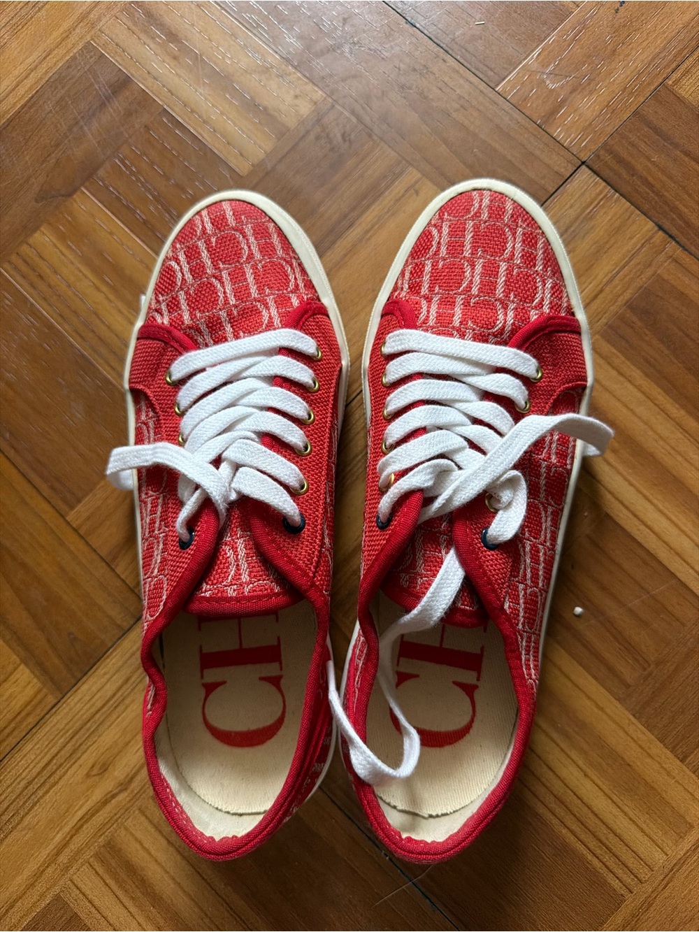 Carolina Herrera Red Canvas Logo Low-Top Sneakers with White Laces